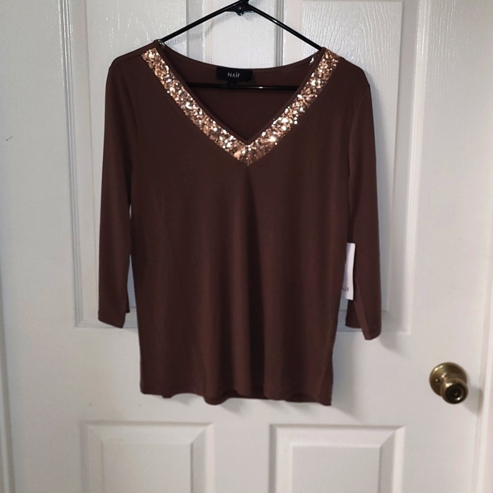 Naif Juniors Brown Gold Sequin Vneck Mid-Sleeve Blouse 95% Polyester 5% Spandex